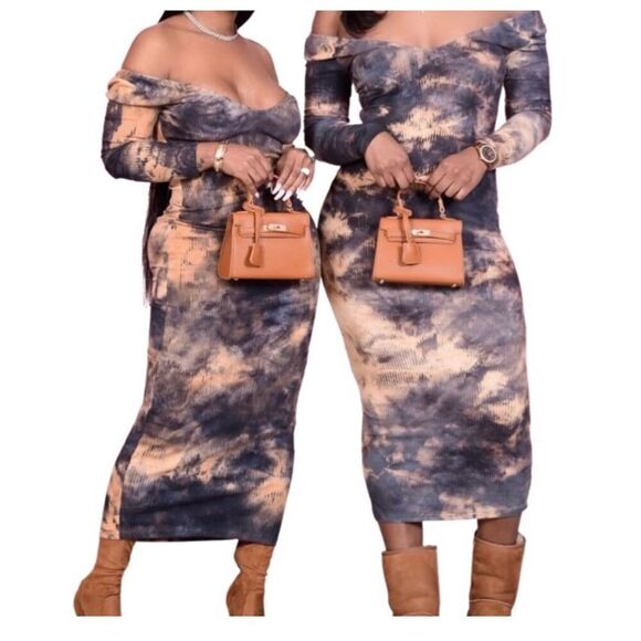 Capsulle Women’s Blue and Tan Tie Dye Bodycon Stylish Maxi Dress Size L New. - Picture 1 of 10